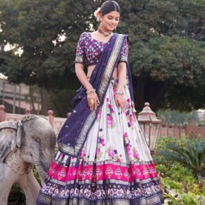 Women's Patola Print Tussar Silk Lehenga Choli Dupatta Set
